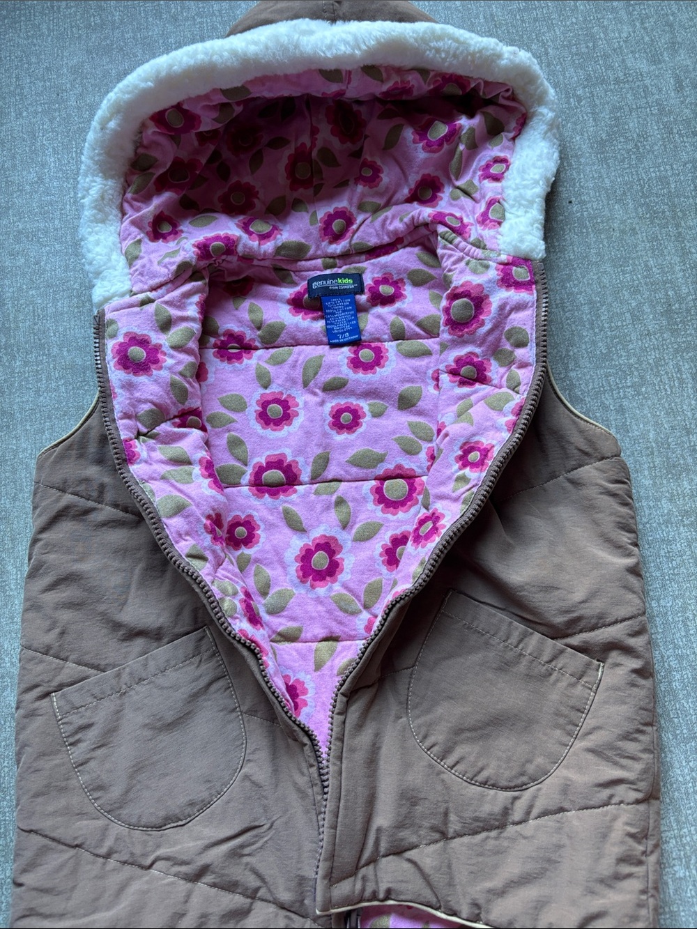 OshKosh B'gosh Brown Hooded Vest with Pink Floral Lining